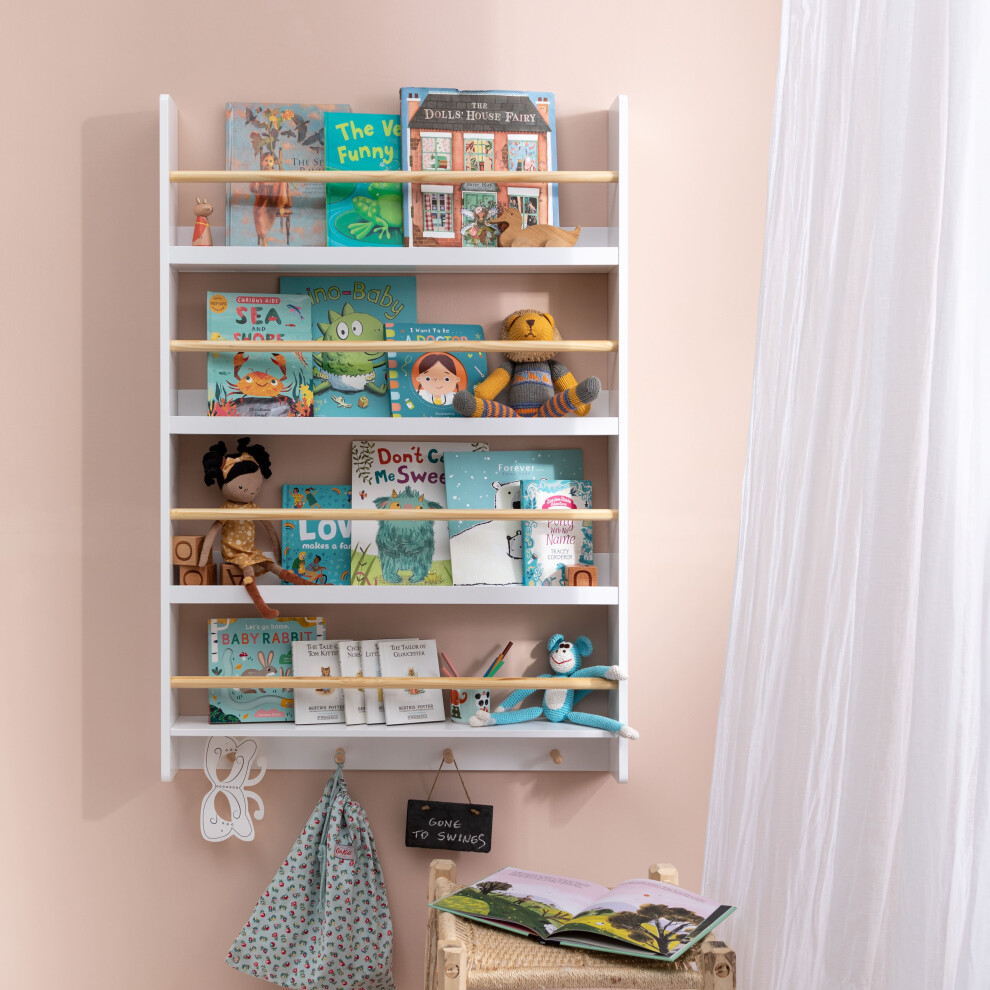 Noa And Nani (Elene Display Wide & Large Shelf Bookcase Wall Mounted & 4 Coathooks) Elene Display Shelf Bookcase With Coathooks