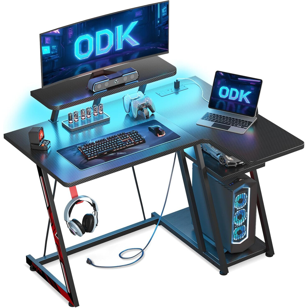 ODK L Shaped Gaming Desk with LED Lights & Power Outlets, Gaming