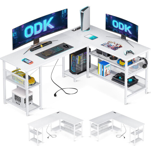 ODK L Shaped Gaming Desk, Reversible Computer desk with 2 Sockets