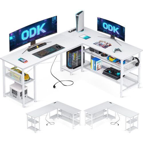 ODK L Shaped Gaming Desk, Reversible Computer desk with 2 Sockets