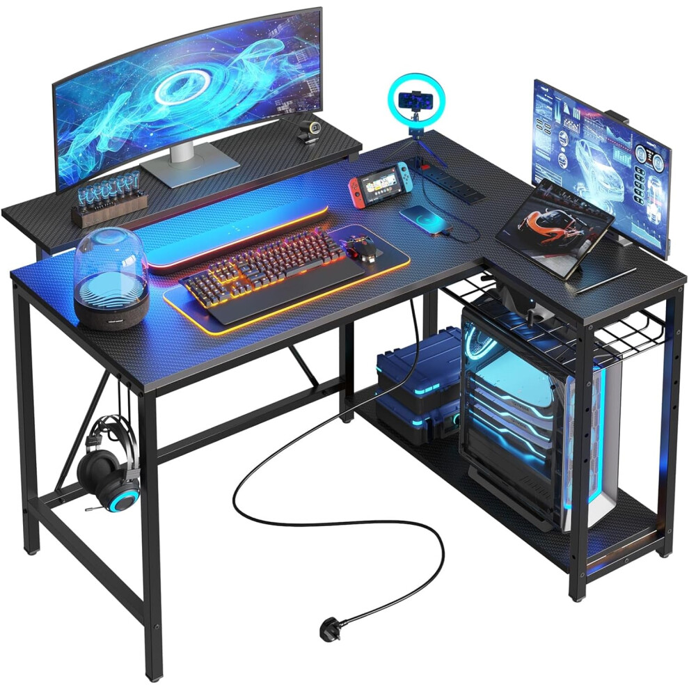 Bestier L Shaped Desk with Power Outlets & LED Lights Compact Corner