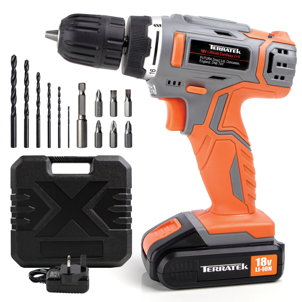 Terratek Cordless Drill Driver 18V Electric Drill Bit Set & Carry Case
