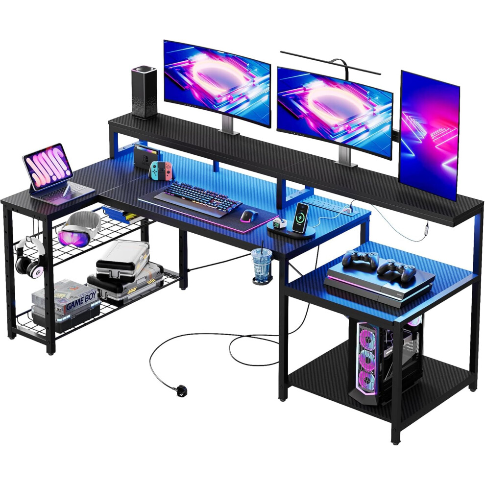 Bestier 181CM Gaming Desk with Power Outlets LED Lights L Shaped