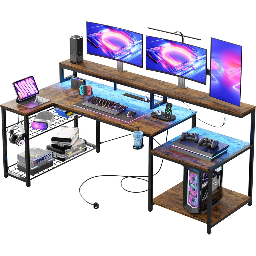 Bestier 181CM L Shaped Corner Desk with Power Outlets LED Lights
