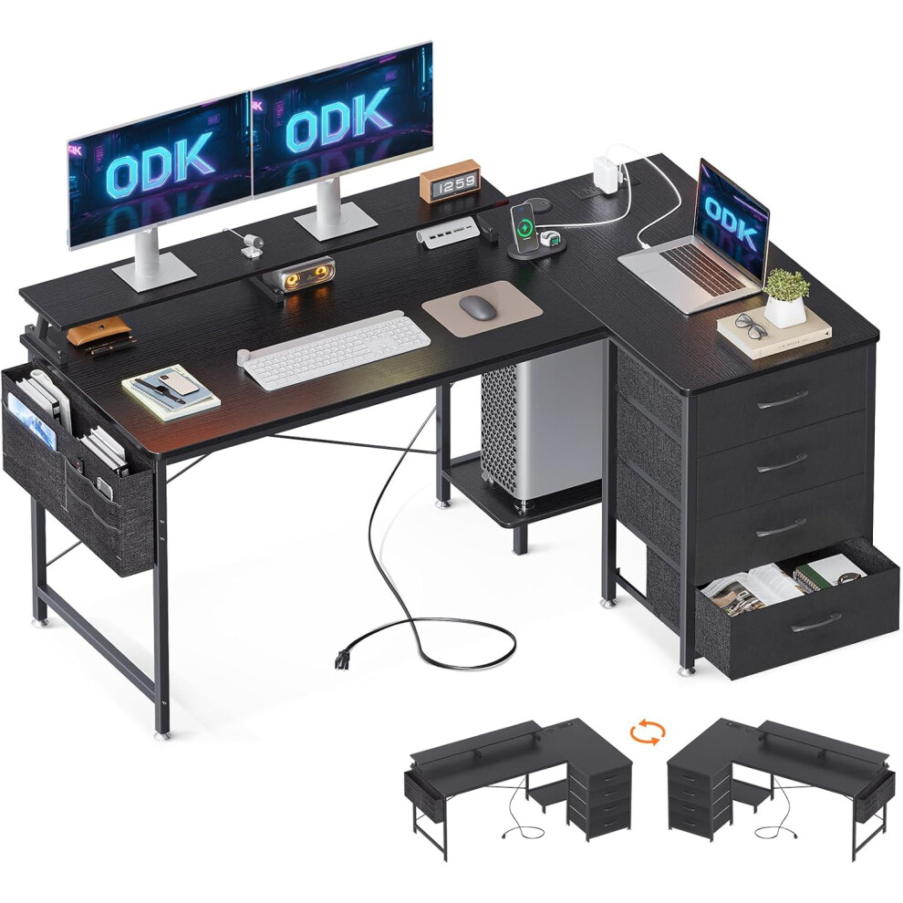 ODK Corner Desk with Drawers, L Shaped Computer Desk with USB Charging