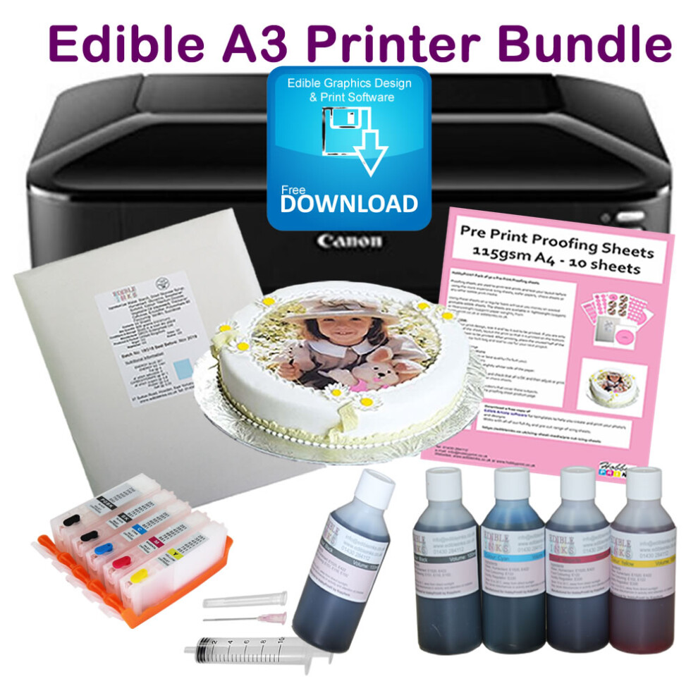 Edible A3 Printer Kit, Refillable Cartridges, Edible Ink, Icing Sheets