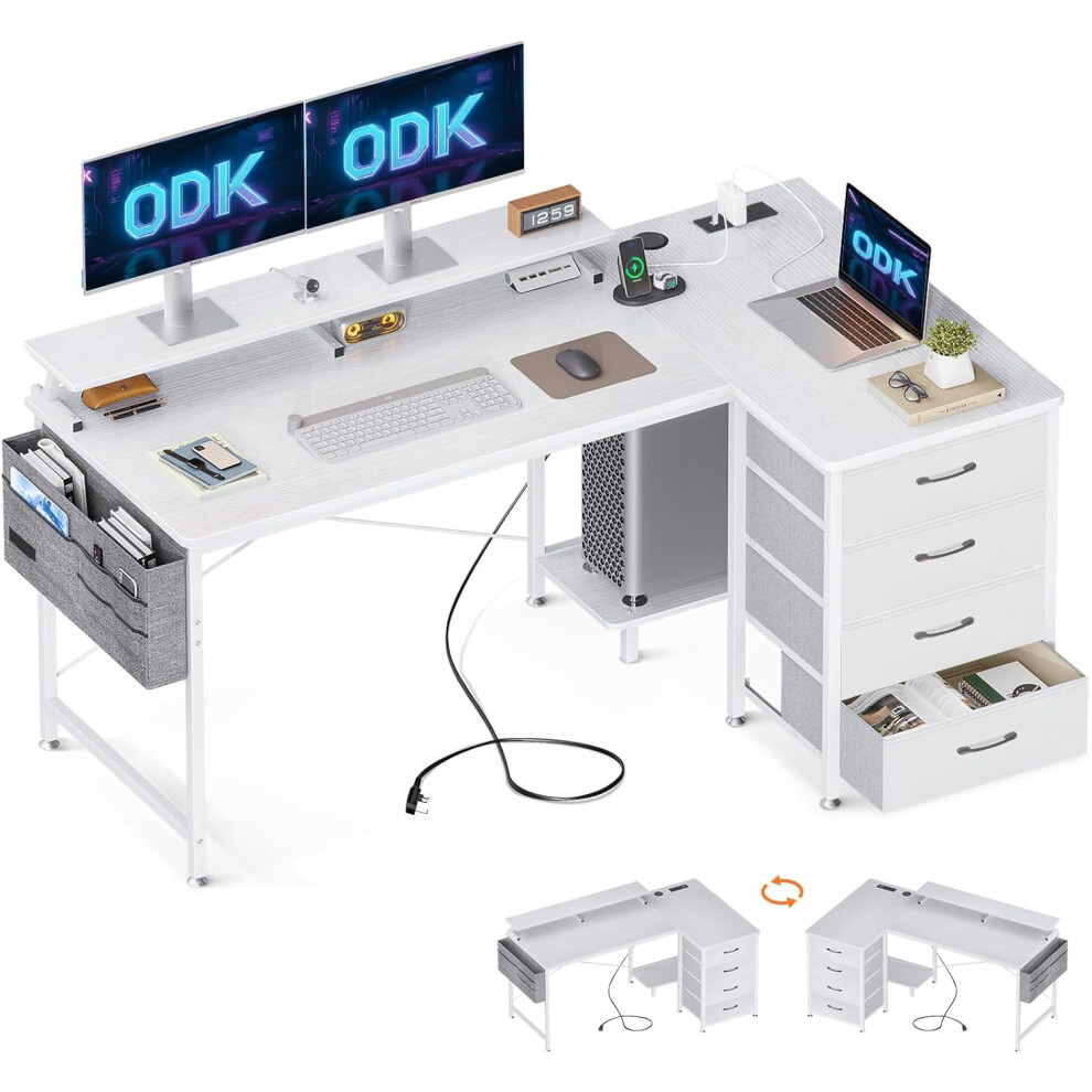 ODK Corner Desk with Drawers, L Shaped Computer Desk with USB Charging