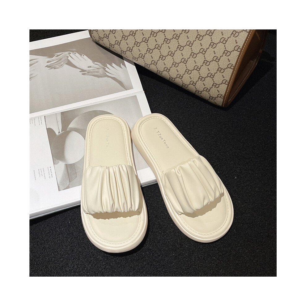 (OffWhite, 37) Trendy Style Korean One Strap Slippers For Women With Cushioned Comfort Suitable For Any Summer Look