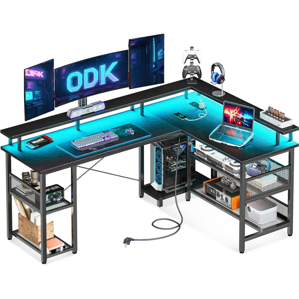 ODK L Shaped Gaming Desk with Power Outlet and LED Lights, PC Gaming