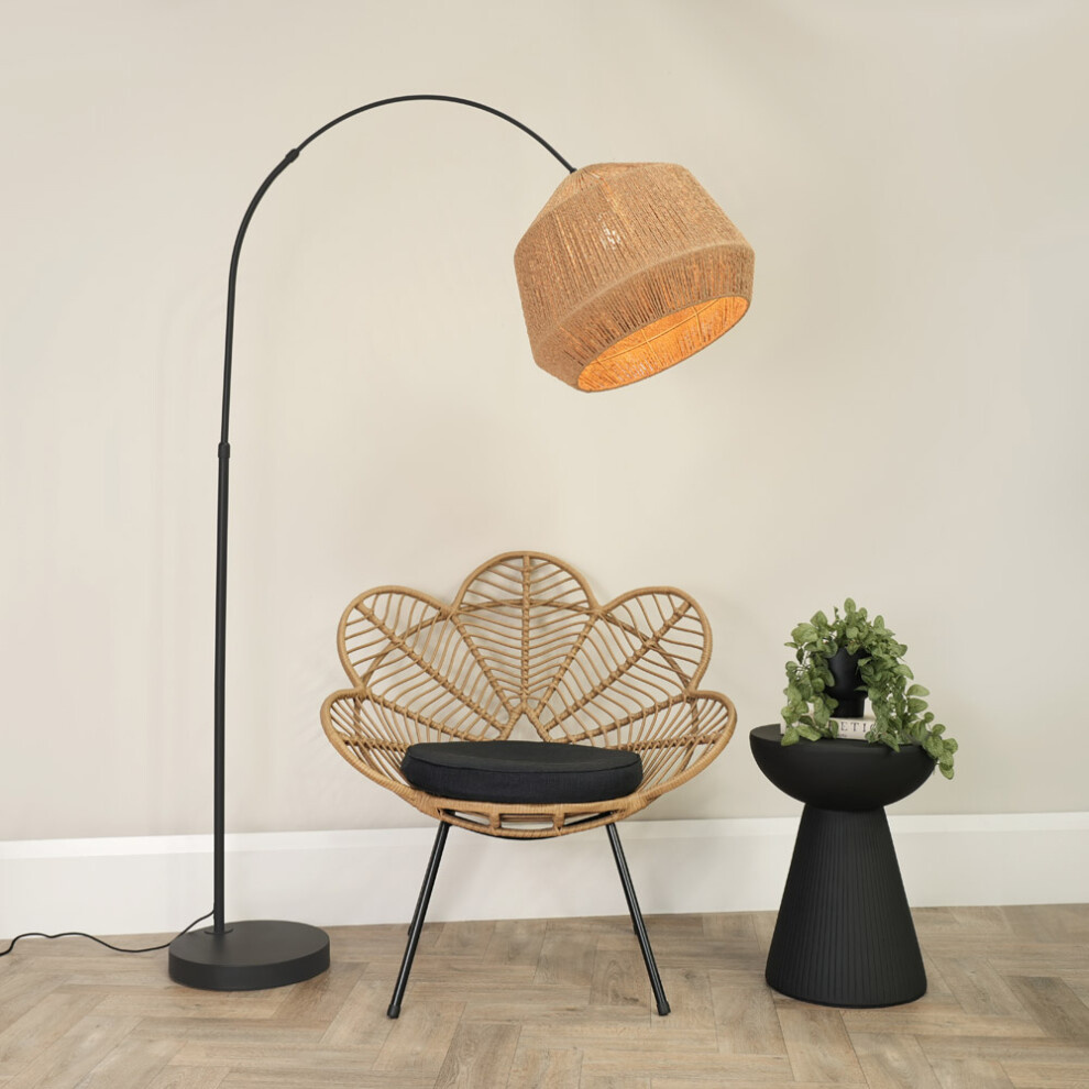 ValueLights Louis Black Arched Floor Lamp with Natural Rope Dome Shade