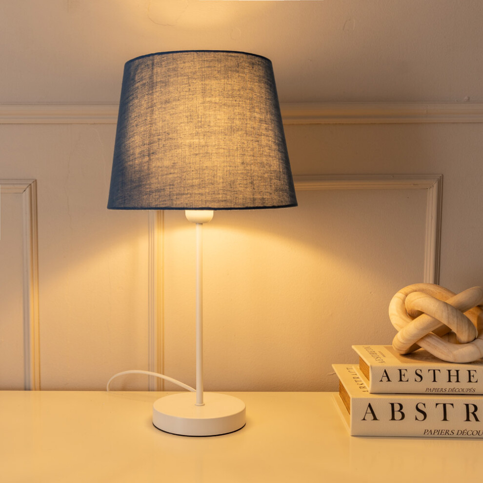 ValueLights Charlie White Stem Table Lamp and Navy Tapered Lamp Shade