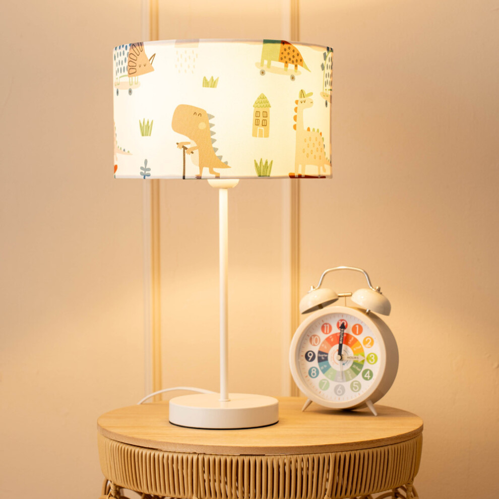 ValueLights Charlie White Stem Table Lamp with Cartoon Dino Lamp Shade