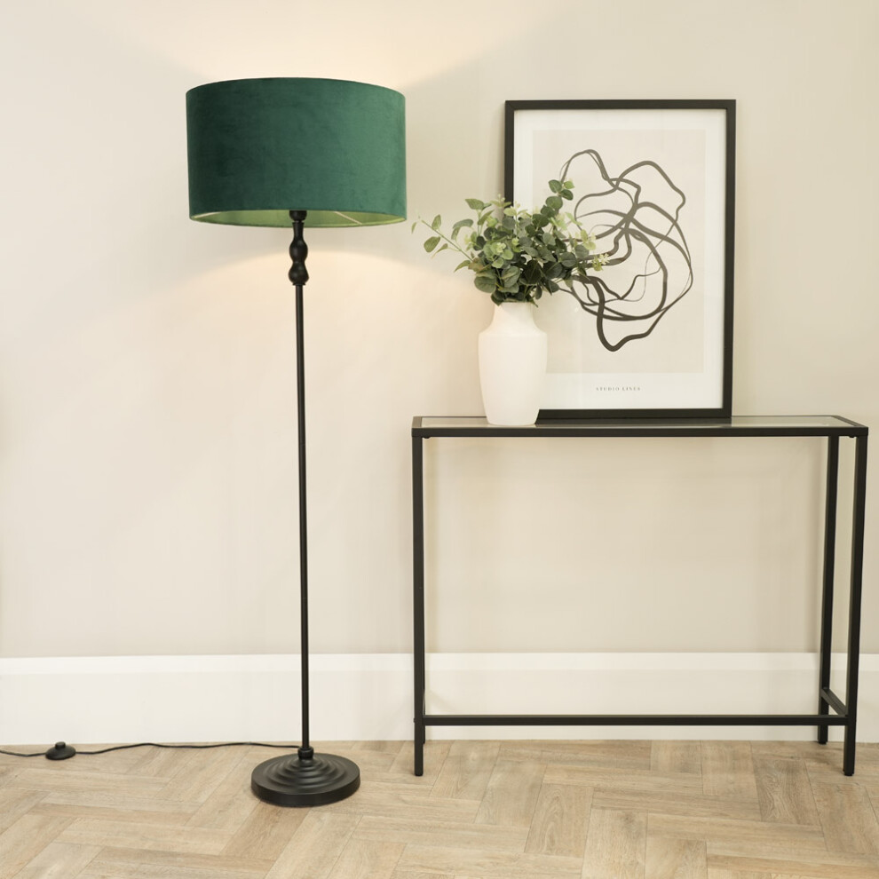 ValueLights Maggie Black Candlestick Floor Lamp & Green Velvet Shade