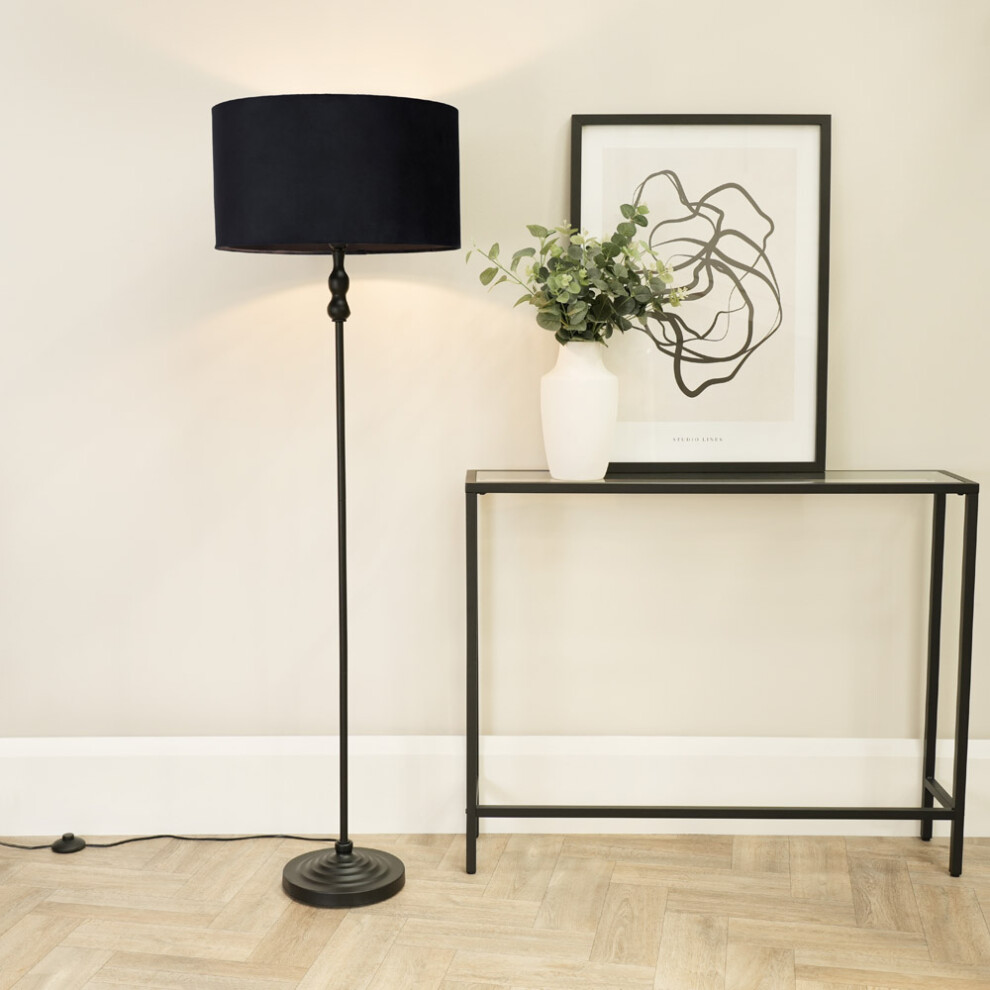 ValueLights Maggie Black Candlestick Floor Lamp & Black Velvet Shade