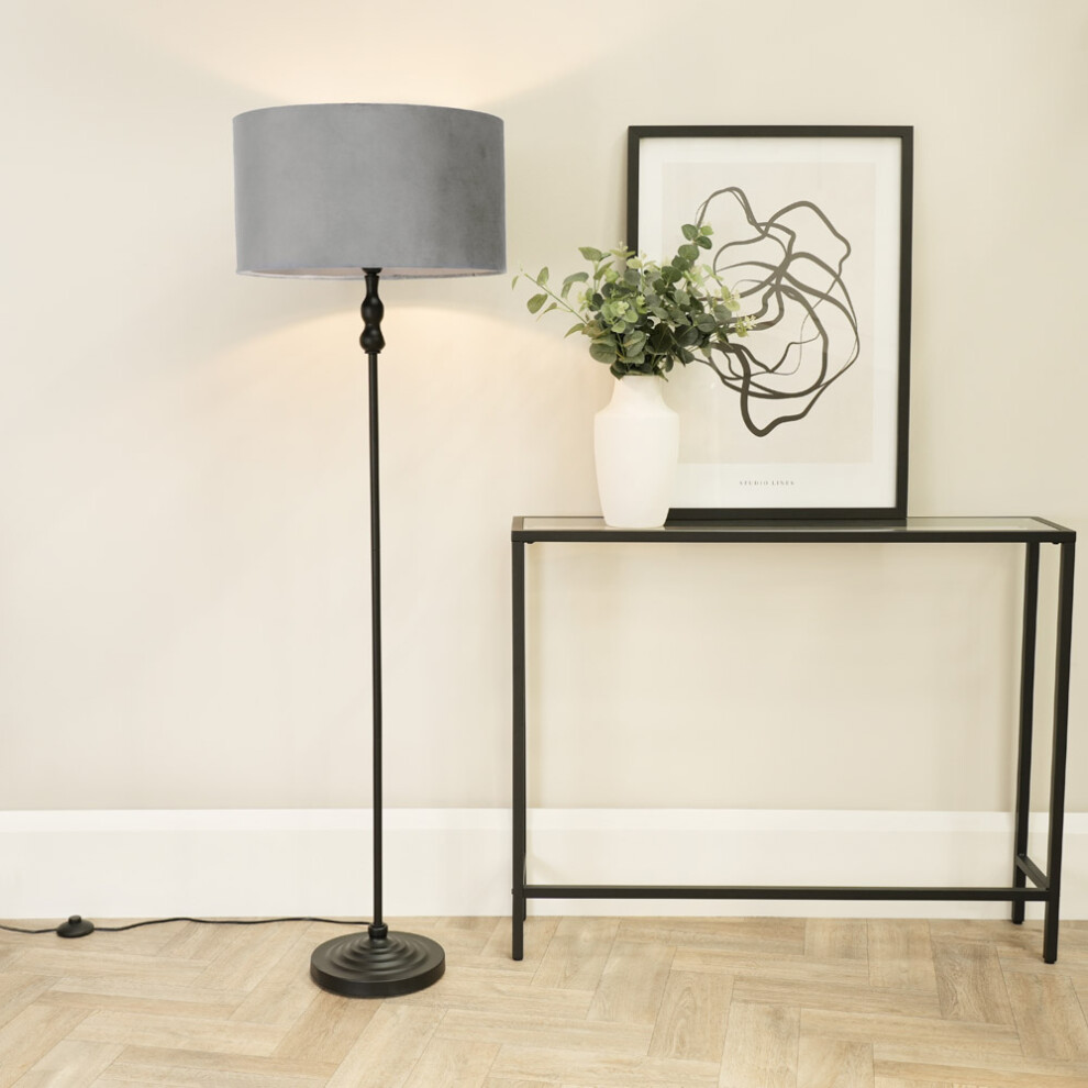 ValueLights Maggie Black Candlestick Floor Lamp with Grey Velvet Shade