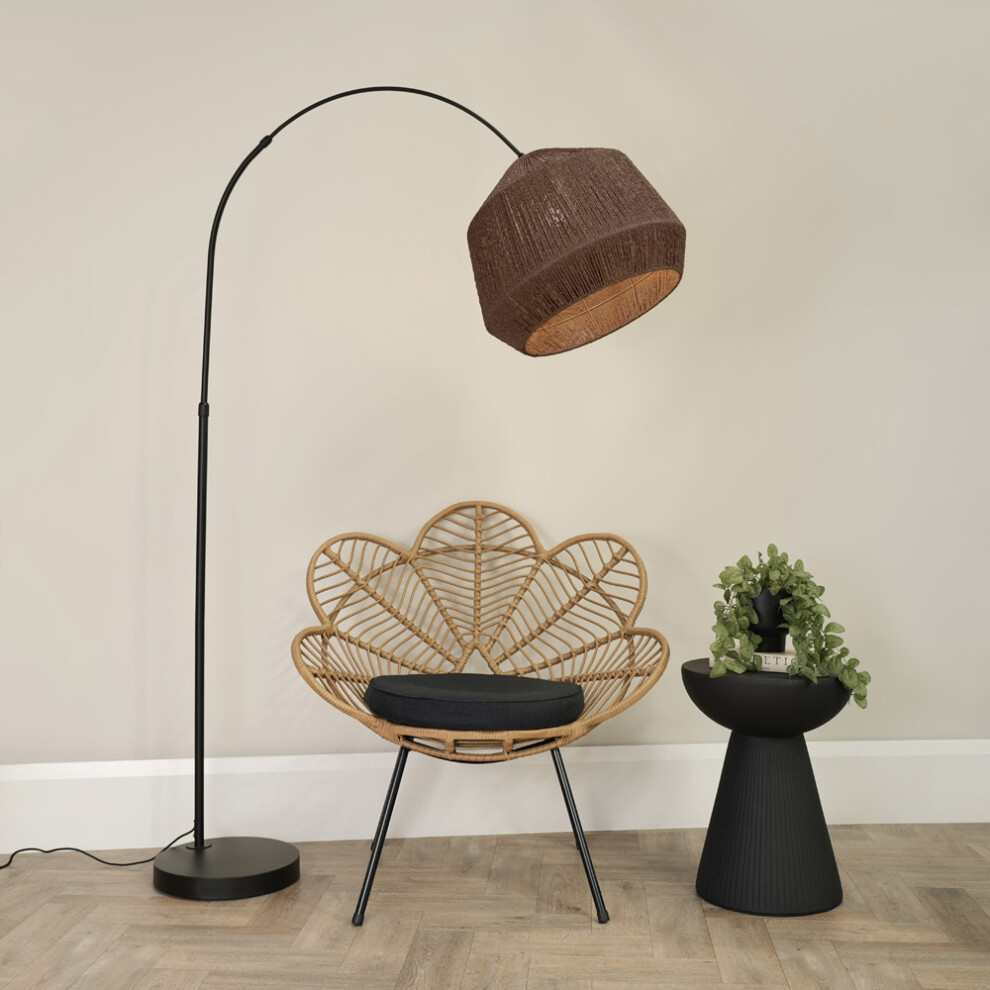 ValueLights Louis Black Arched Floor Lamp with Rope Shade and LED Bulb