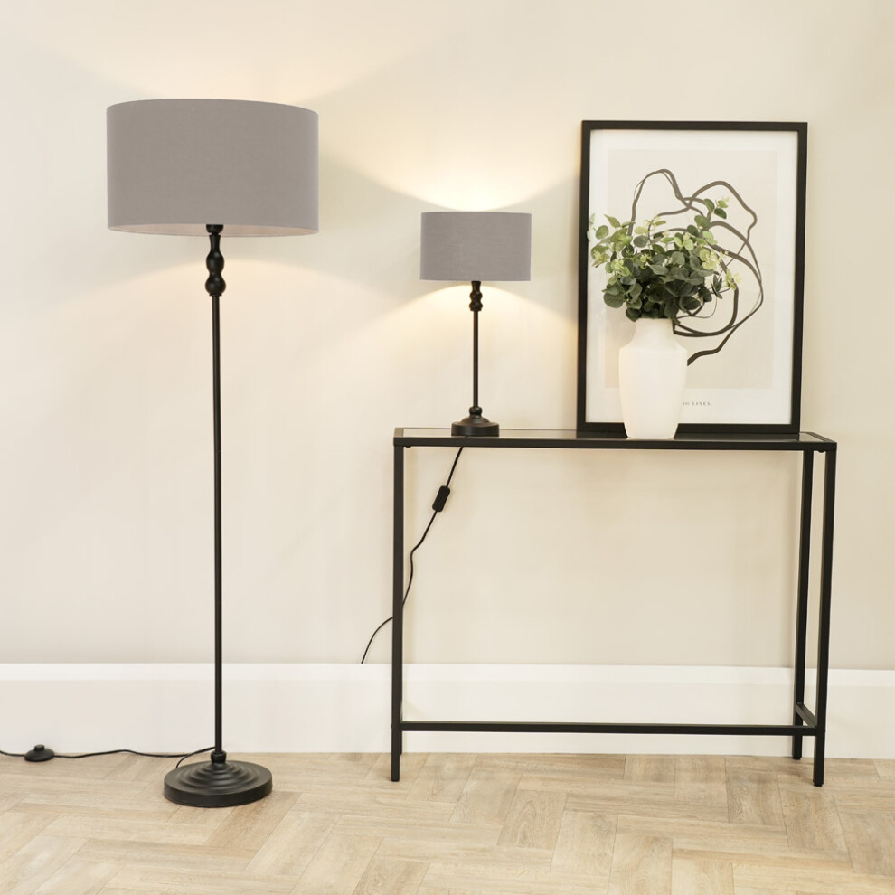 ValueLights Maggie Grey Shade Black Candlestick Floor Lamp & Bulb