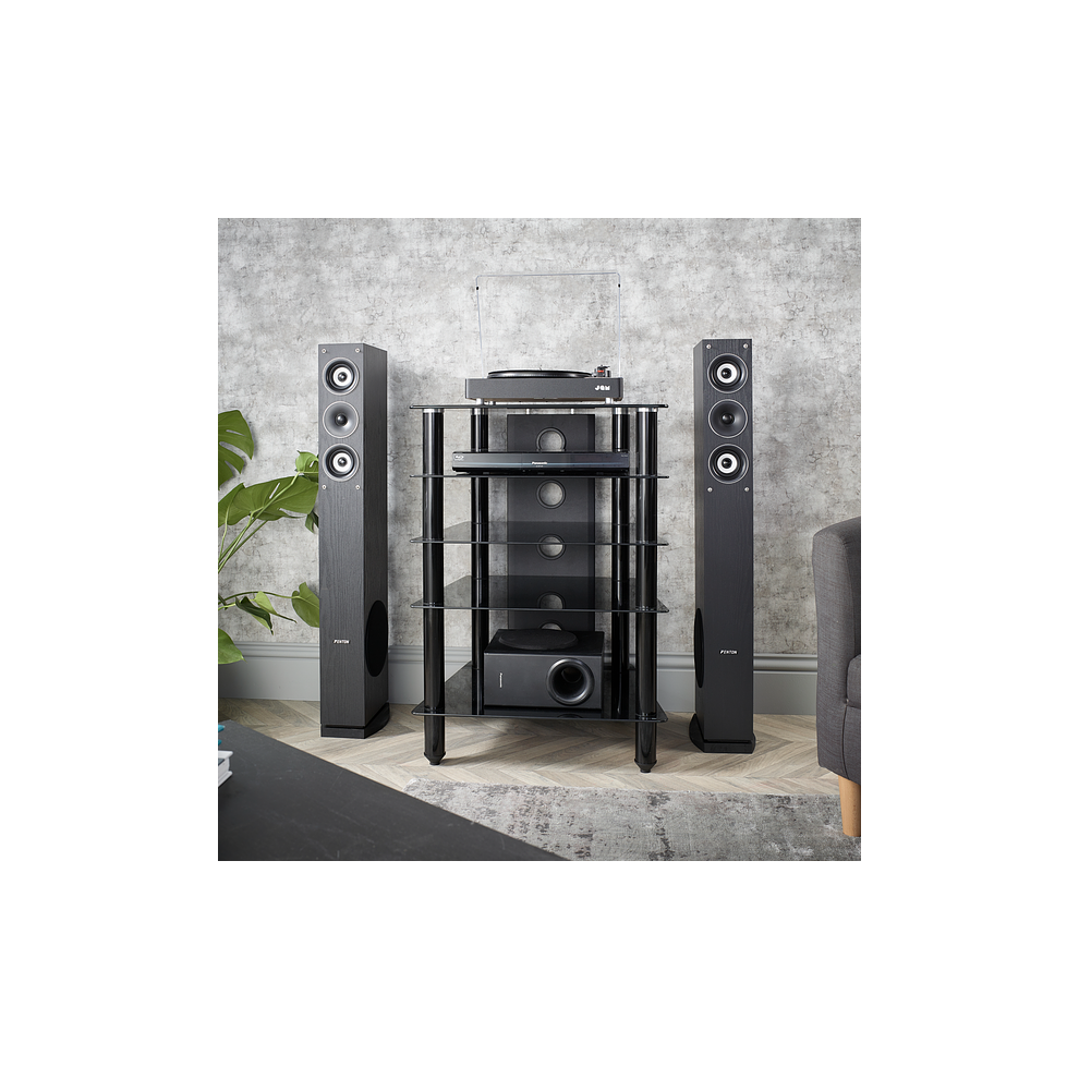 Mmt Furniture Designs Black 5 Shelf Hi Fi Stand - Hi Fi Rack - Premium 500Mm Deep Glass Shelves To Hold Av Separates