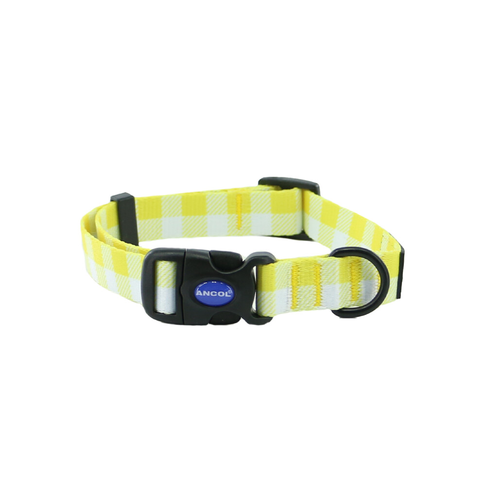 Ancol Yellow Check Patterned Round Dog Collar Secure Fit Soft Comfortable Stylish Pet Puppy Leash Medium