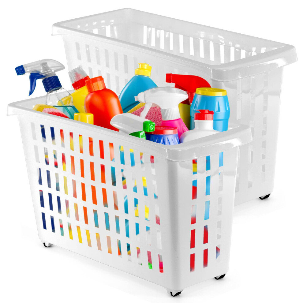 GEEZY Set of 2 White Storage Baskets with Wheels Home Office Basket for Shelves