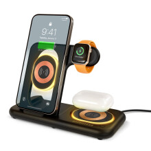 Foldable 4 in 1 Wireless Charging Station Dock 15W Fast Charger for Apple iPhones Mount for iWatch & Pad for AirPods(Black)