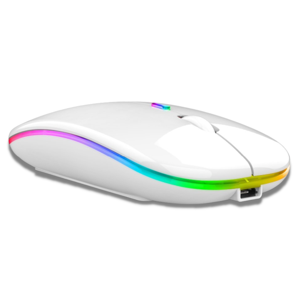 (White) Slim Silent Rechargeable Wireless Mouse with RGB LED ideal for use with MacBook Laptop PC