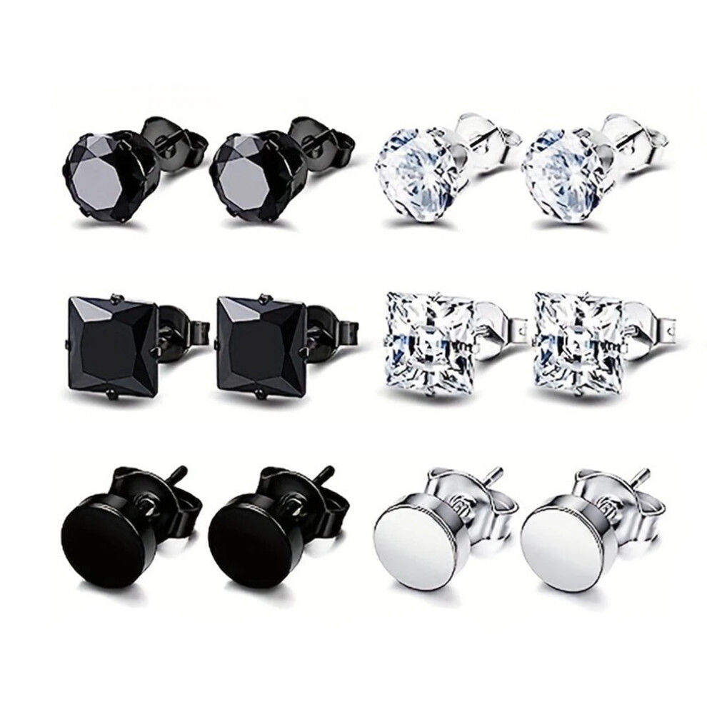 (6 pair A) Mens Stainless Steel Stud Earrings Huggie Hoop Earring