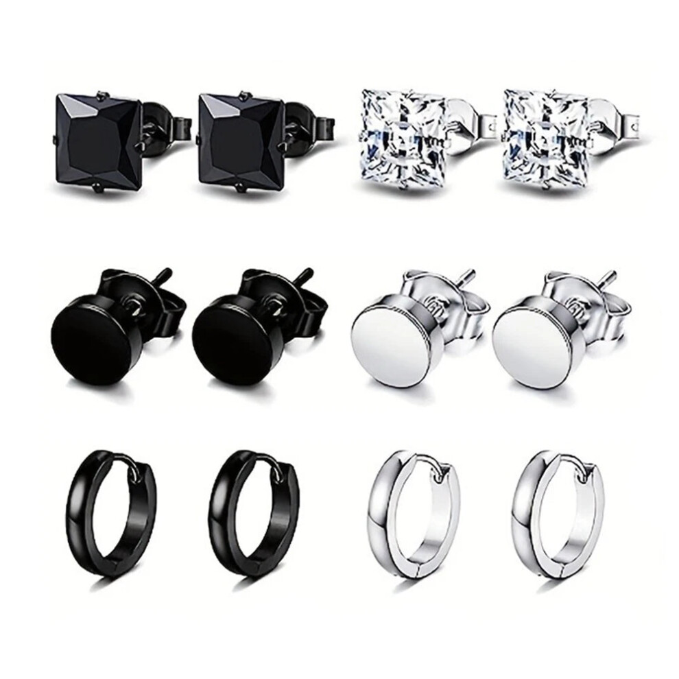 (6 pair B) Mens Stainless Steel Stud Earrings Huggie Hoop Earring