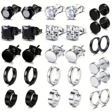(14 pair) Mens Stainless Steel Stud Earrings Huggie Hoop Earring