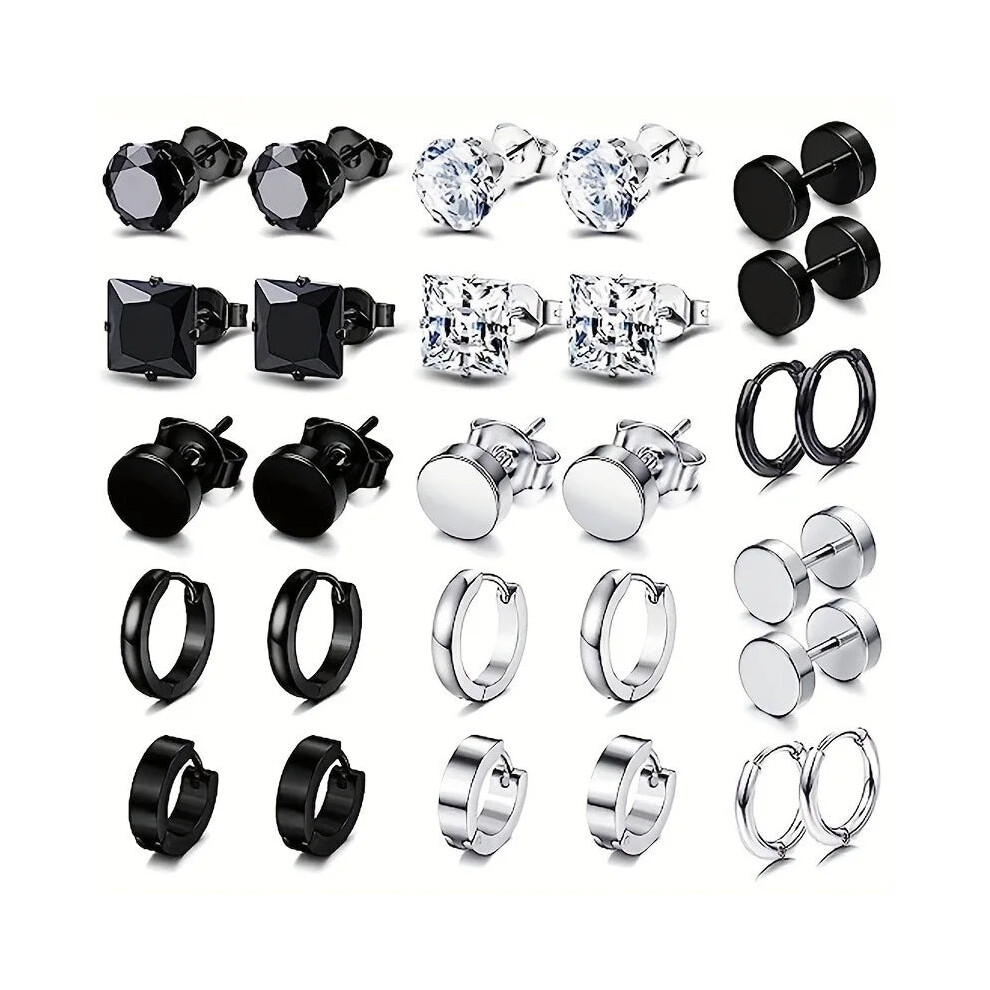 (14 pair) Mens Stainless Steel Stud Earrings Huggie Hoop Earring