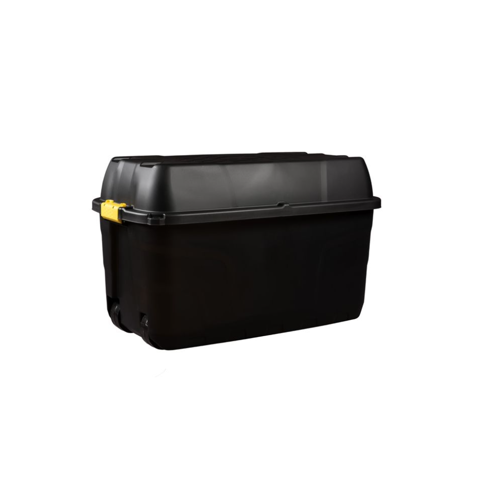 Strata 175 Litre Heavy Duty Trunk On Wheels Black Yellow Clip Handle (3 Boxes)