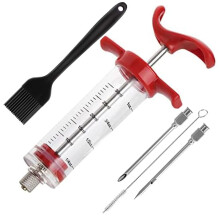 Meat Injector Syringe,Stainless Steel Food Seasoning Syringe Kit with 1pc Barbecue Brush, 2Pcs Needles&1pc Needles Cleaner for BBQ