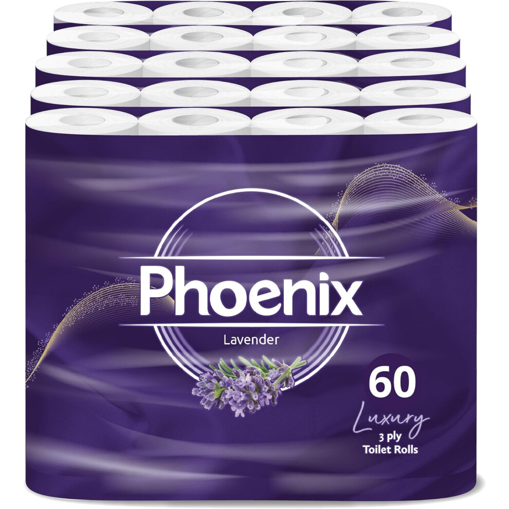 Phoenix 60 Toilet Roll Bulk Buy-Quilted White 3 Ply Lavender Fragranced Toilet Paper (5 X 12 Packs,155 Sheets Per Roll)