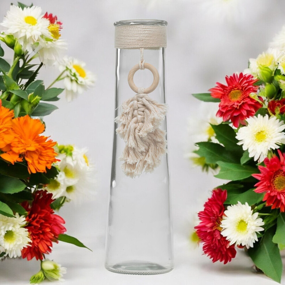 32cm Boho Clear Glass Vase With Macrame Tassel Flowers Decor