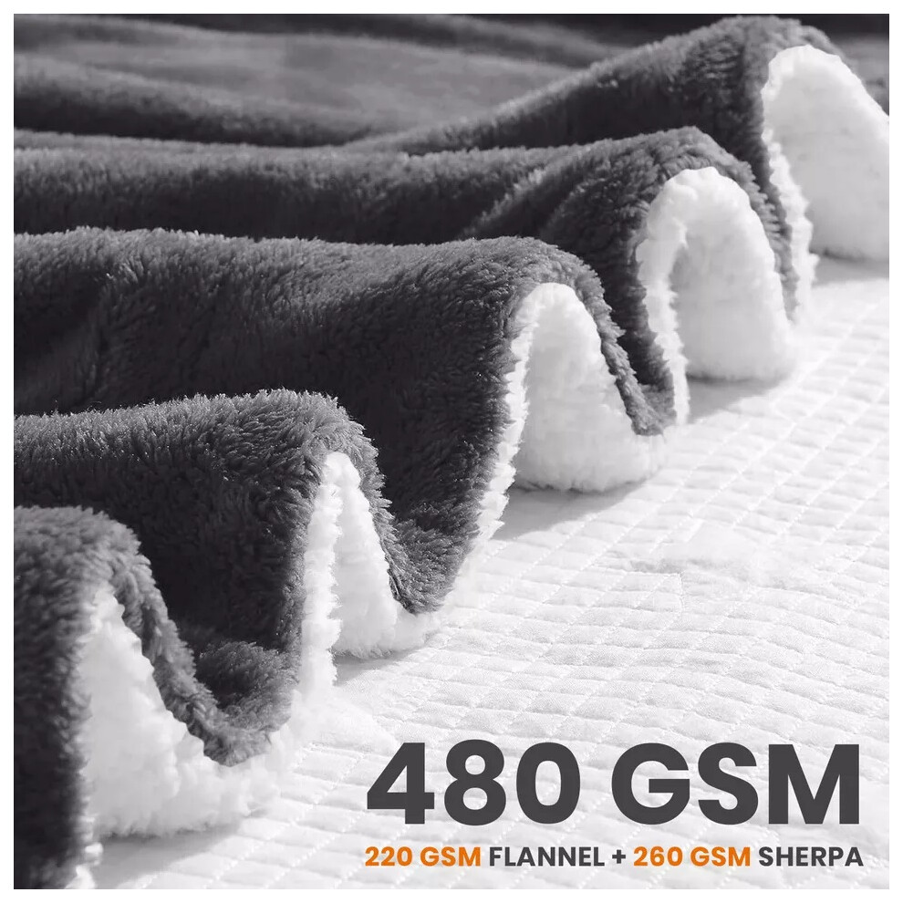 (Double) Soft Grey Heavy Sherpa Fleece Blanket 480 GSM with Faux Fur Texture