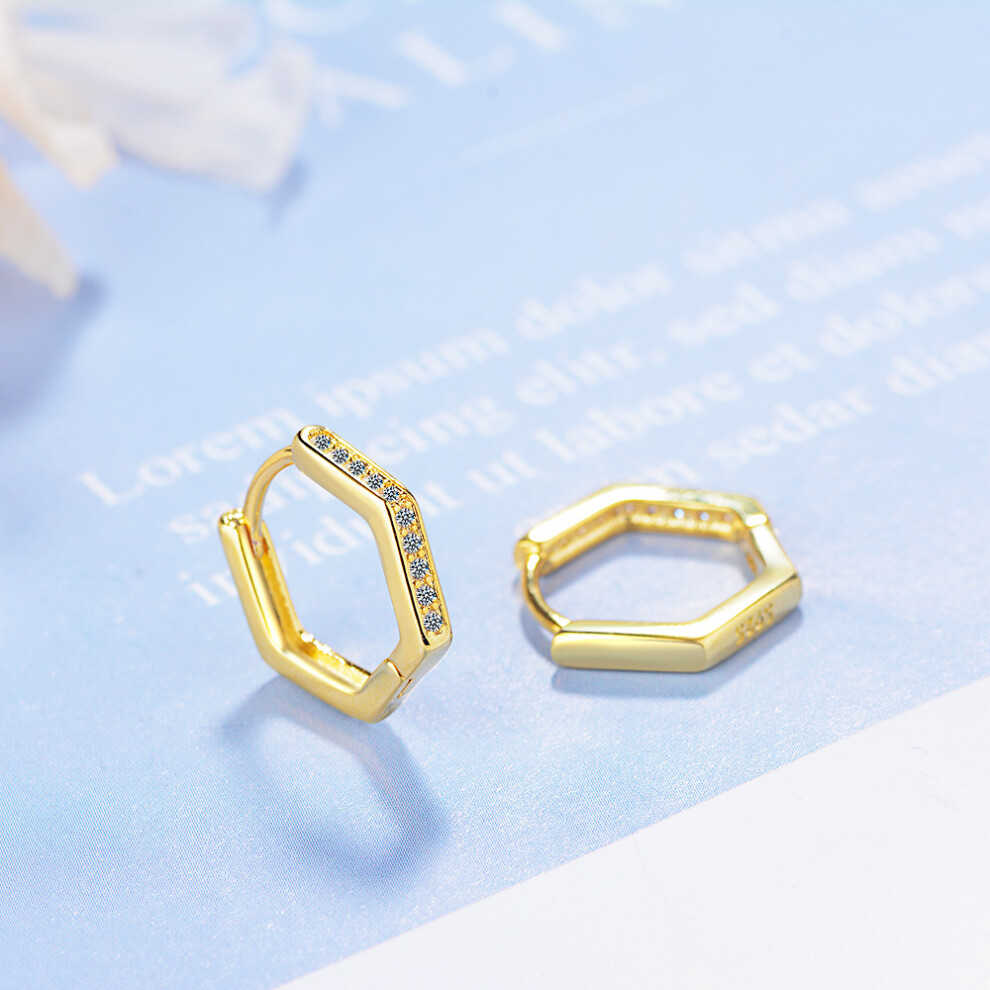 Solid 14K Gold Hexagon Hoop Earrings, Dainty Huggie Hoops