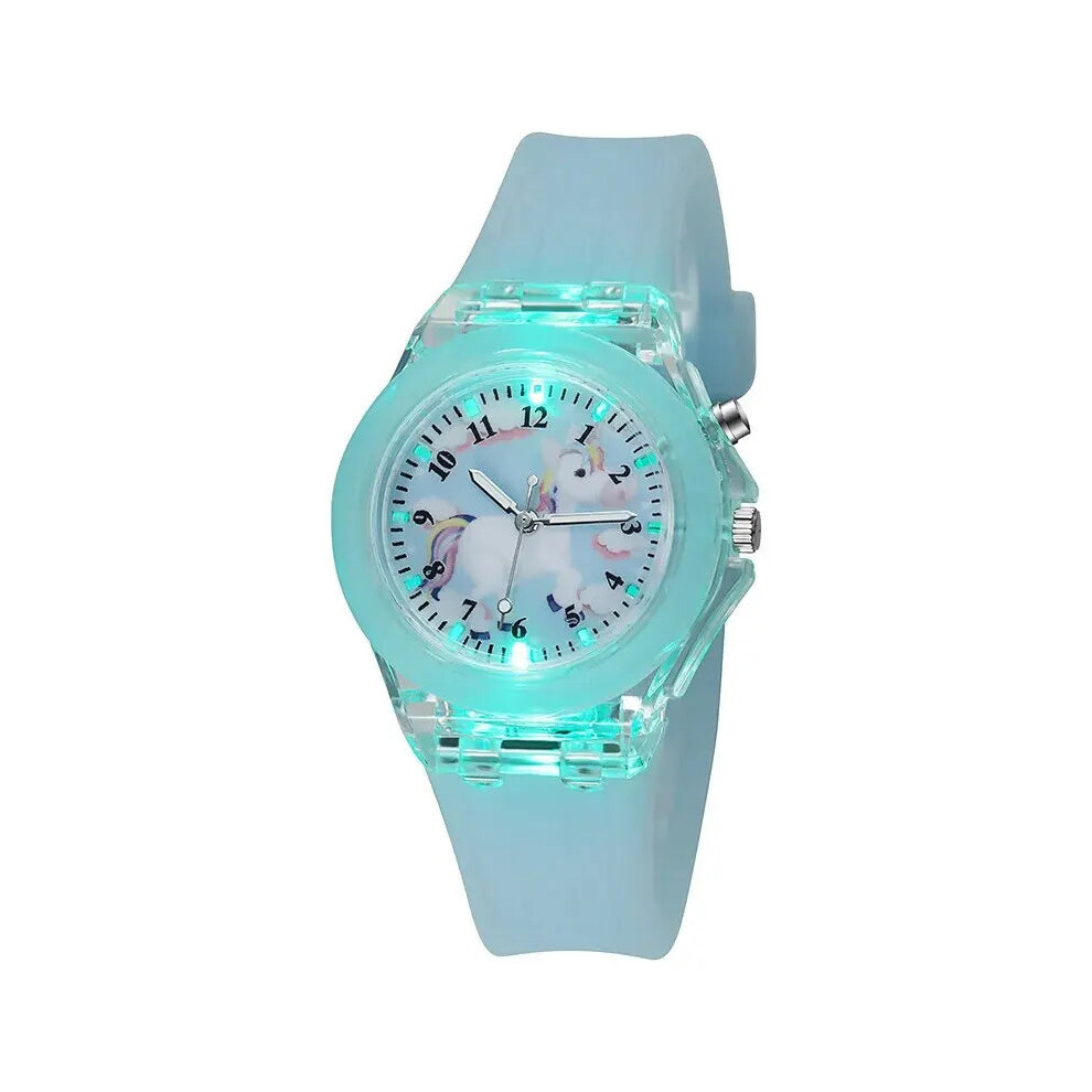 (Blue) Kids Cartoon Unicorn Quartz Silicone Band Watch