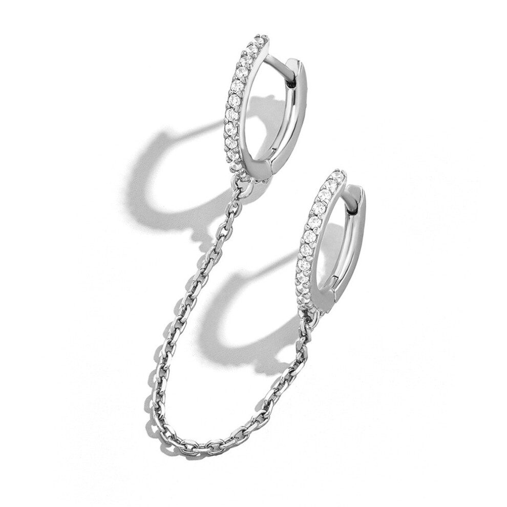 Elegant Pave Ear Cuff Chain Earrings, Diamond Stud Dangle in Silver