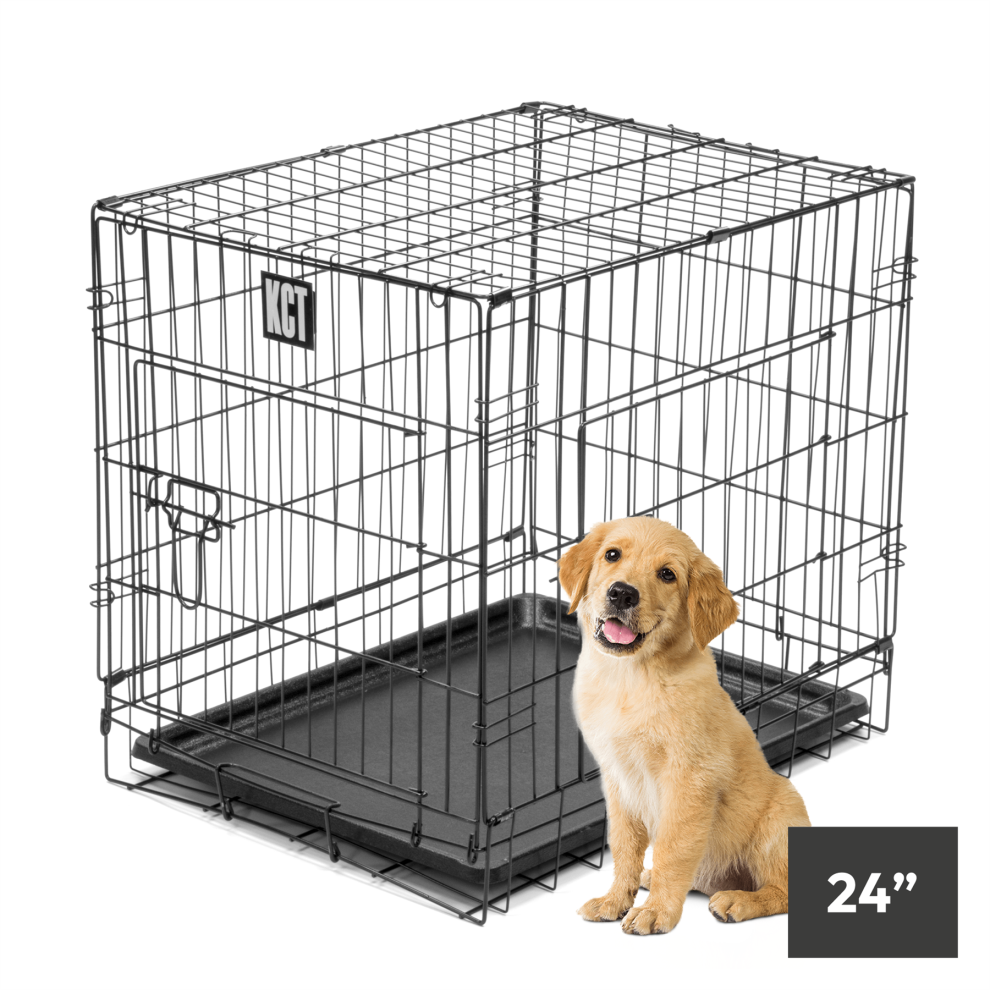 KCT 24” Small Metal Pet Crate with Floor Foldable Cage for Dog Puppy Cat Lockable Carrier Heavy Duty Outdoor Indoor Folding Travel Training Puppies