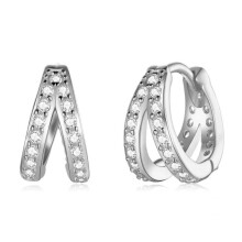 Chic Double Pave Huggie Hinged Hoop Earrings, Stainless Steel