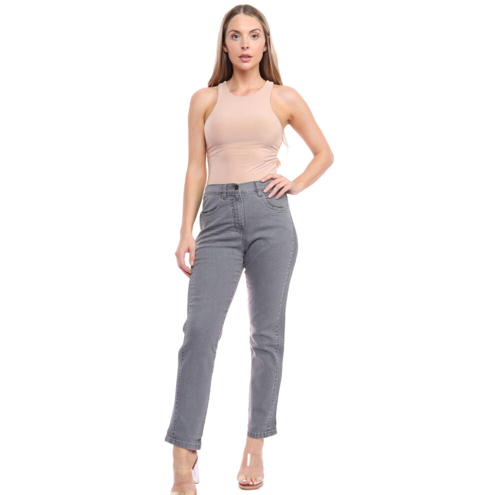 (Grey - SR201, 20XS) Ladies High Waist Jean Straight Leg Slim Work Pant