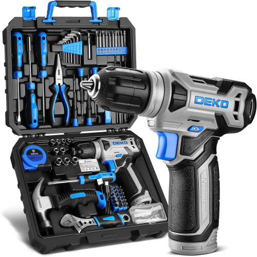 Tool Kit: DEKO Drill Set with Cordless Drill, Tool Kit Set Box