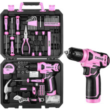 Tool Kit: DEKO Tool Set Box with 8V Cordless Drill, Pink Hand Tool Kit