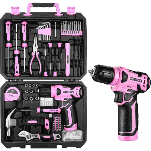 Tool Kit: DEKO Tool Set Box with 8V Cordless Drill, Pink Hand Tool Kit