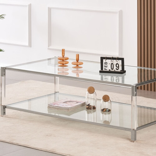 WWE Vidrio Glass Coffee Table With Silver And Acrylic Frame