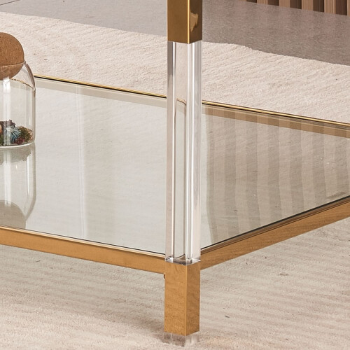 WWE Vidrio Glass Coffee Table With Gold And Acrylic Frame 1