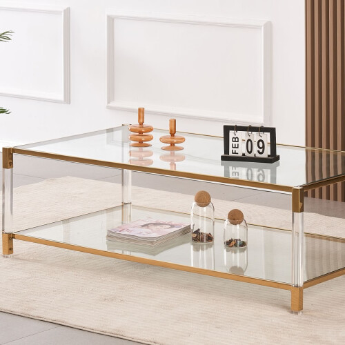 WWE Vidrio Glass Coffee Table With Gold And Acrylic Frame