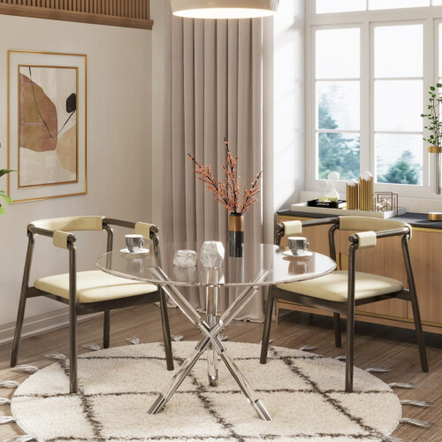 WWE Vidrio 100cm Round Glass Dining Table Silver & Acrylic Legs
