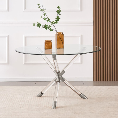 WWE Vidrio 100cm Round Glass Dining Table Silver & Acrylic Legs 1