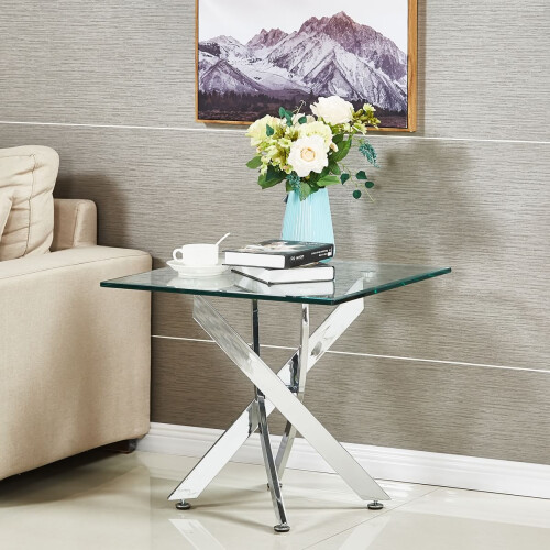 WWE Amara Glass Side Table With Chrome Silver Legs